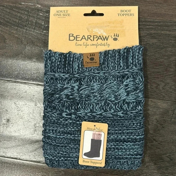 BEARPAW Boot toppers - marbled blue cable knit, Bearpaw Logo  Adult one size - Picture 1 of 6
